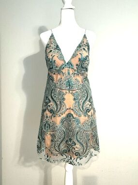 Free People Teal and Nude Paisley Embroidered Mini Dress